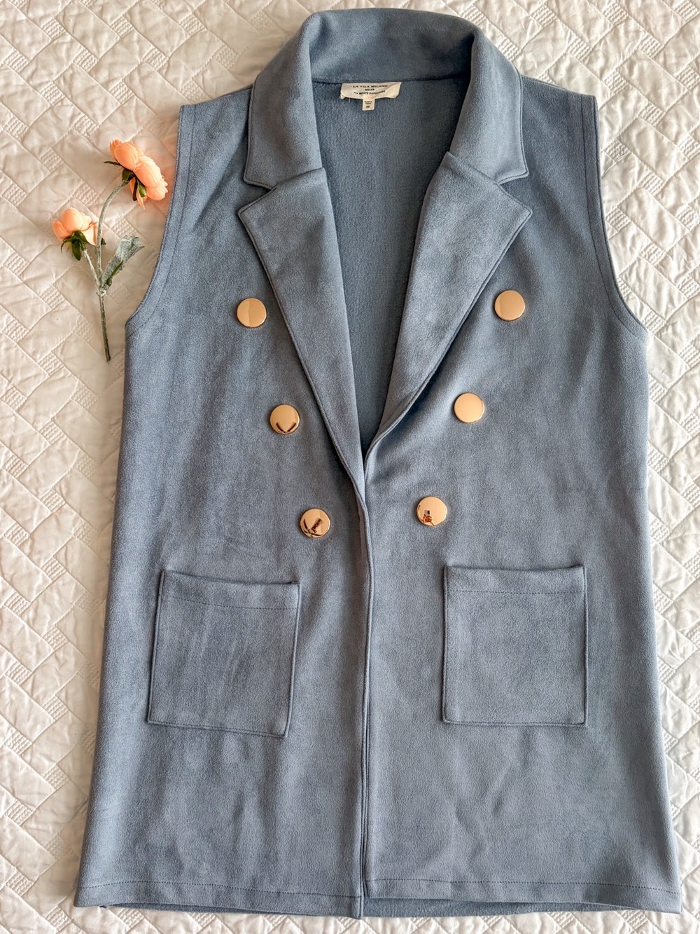 NWOT Blue Vest with Gold Button Accents Size Medium Faux Suede